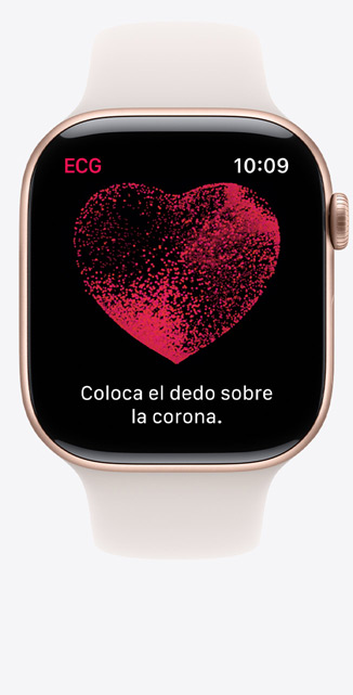 Vista frontal de un Apple Watch Series 10 con la app ECG en la pantalla que muestra una onda y un temporizador de 22 segundos.