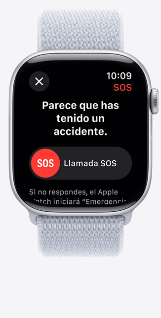 Vista frontal de un Apple Watch Series 10 que muestra una notificación de detección de caídas.