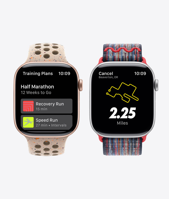 Two Apple Watch devices showing Nike Run Club features including Training Plans and Guided Runs