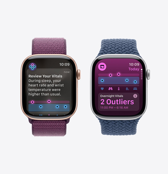 Notisen Granska dina vitalparametrar visas på en Apple Watch Series 10 och appen Vitalparametrar visar vitalparametrar över natten med två avvikelser på Apple Watch Series 10.