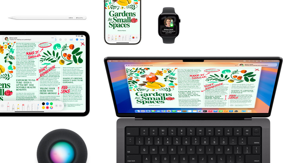 Een verzameling devices, waaronder een iPad, iPhone, Watch en Mac, allemaal met dezelfde content.
