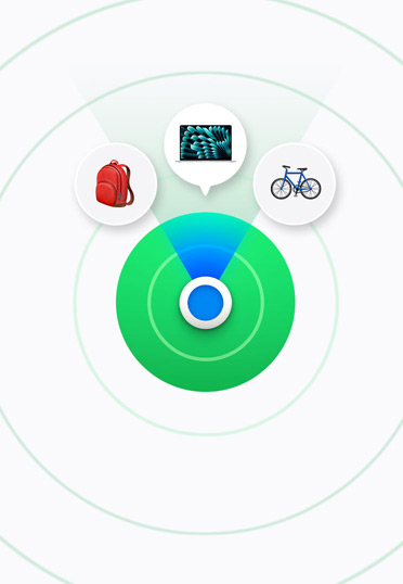 A MacBook desktop shows a full-size iPhone screen with various widgets. A browser window on the left displays a colorful background.