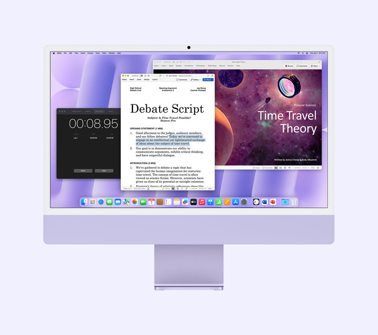 Purple iMac: Screen shows Microsoft Word, Microsoft PowerPoint and Clock apps