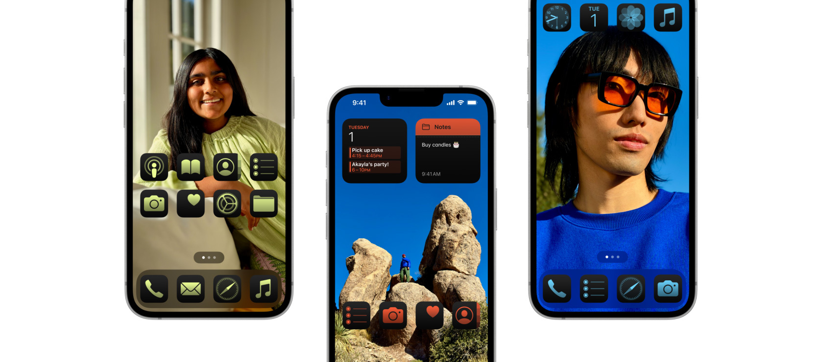 Three partial views of iPhone 16e, each with a different customised Home Screen.