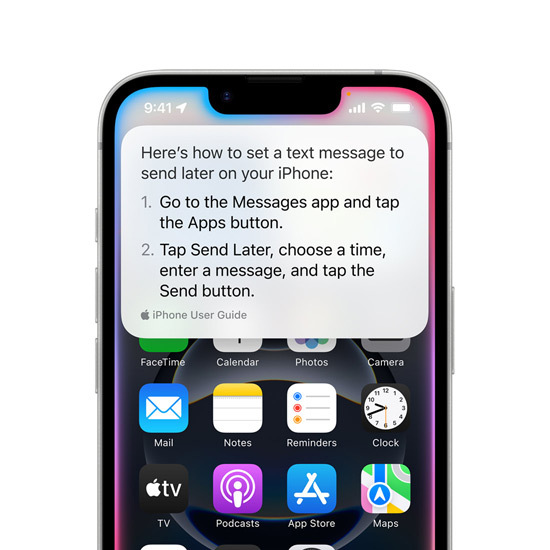 iPhone 16e met een bericht van Siri met instructies hoe je een bericht kunt klaarzetten om later te versturen.