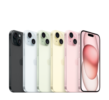 iPhone 15, alle fünf Farben, Schwarz, Blau, Grün, Gelb, Pink.