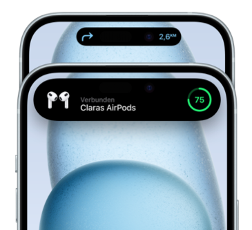 iPhone 15, Vorderseite, oben zeigt die Dynamic Island Wegbeschreibungen in Apple Karten an, iPhone 15, Vorderseite, Dynamic Island ist vergrößert und zeigt an, dass AirPods verbunden und zu 75 Prozent geladen sind.