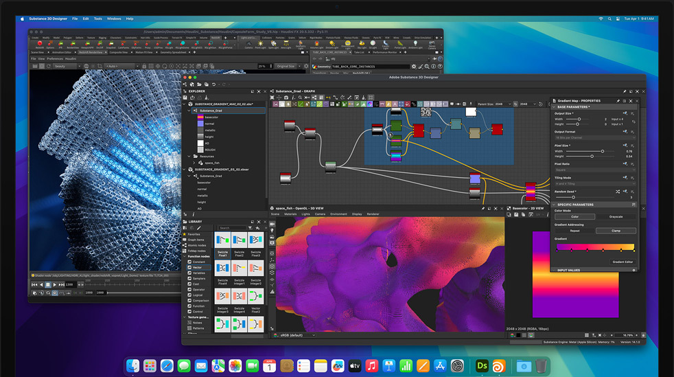 Screen of Adobe Substance 3D Designer, Houdini and Redshift applications being used to edit on M4 Max Mac Studio