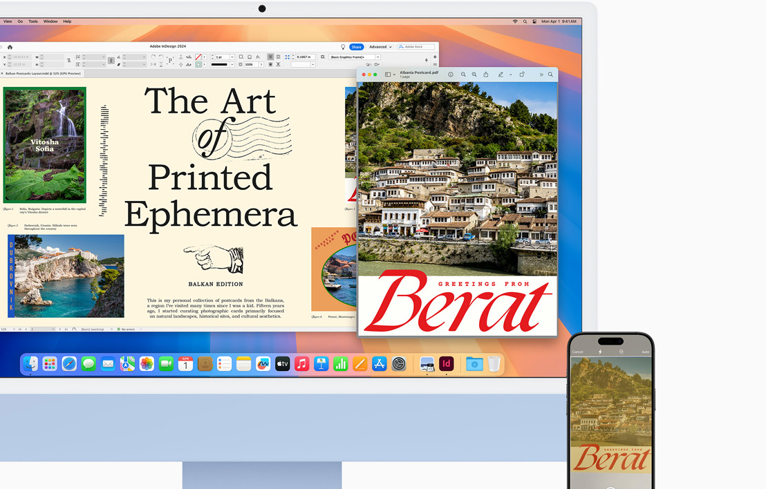 Een blauwe iMac met een iPhone ernaast. Dankzij de feature Handoff zie je op beide schermen een geïllustreerd document.