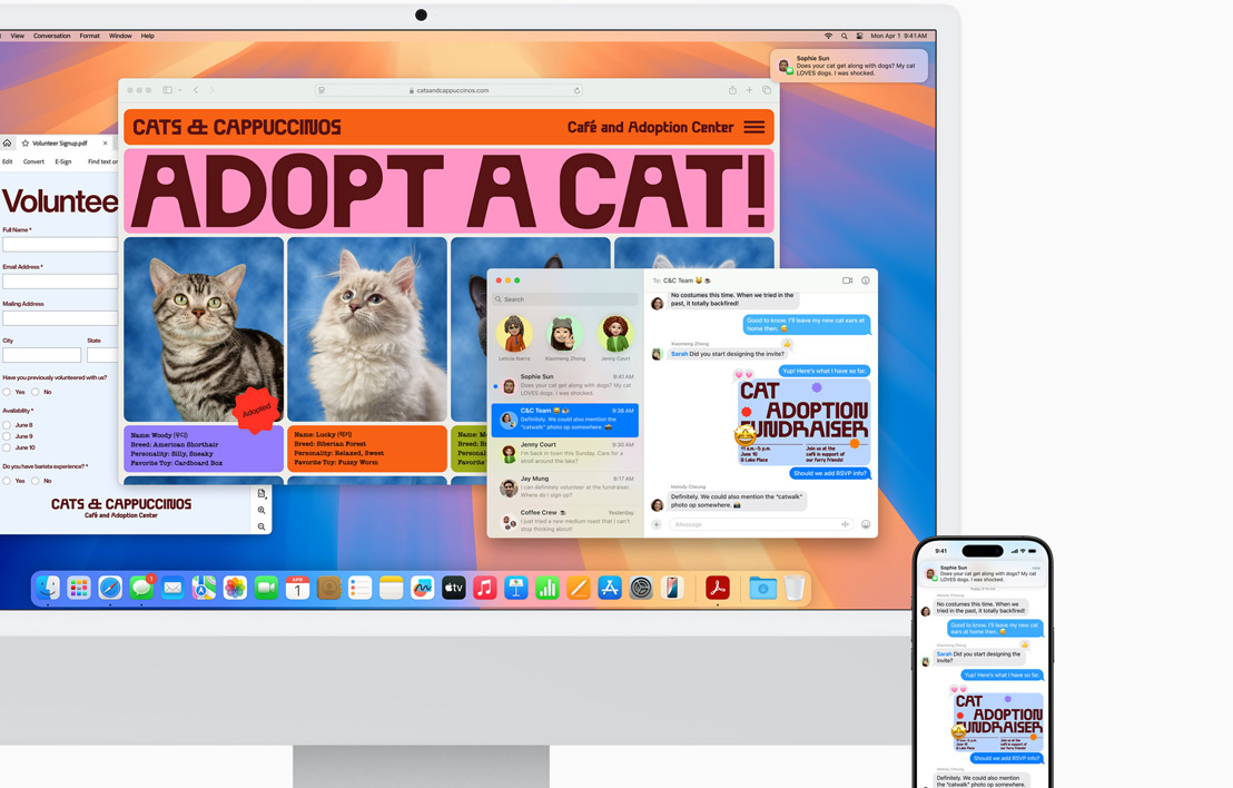 Ein iMac in Silber und ein iPhone daneben zeigen auf beiden Displays identische Texte in Nachrichten und die Option, einen eingehenden Anruf anzunehmen.