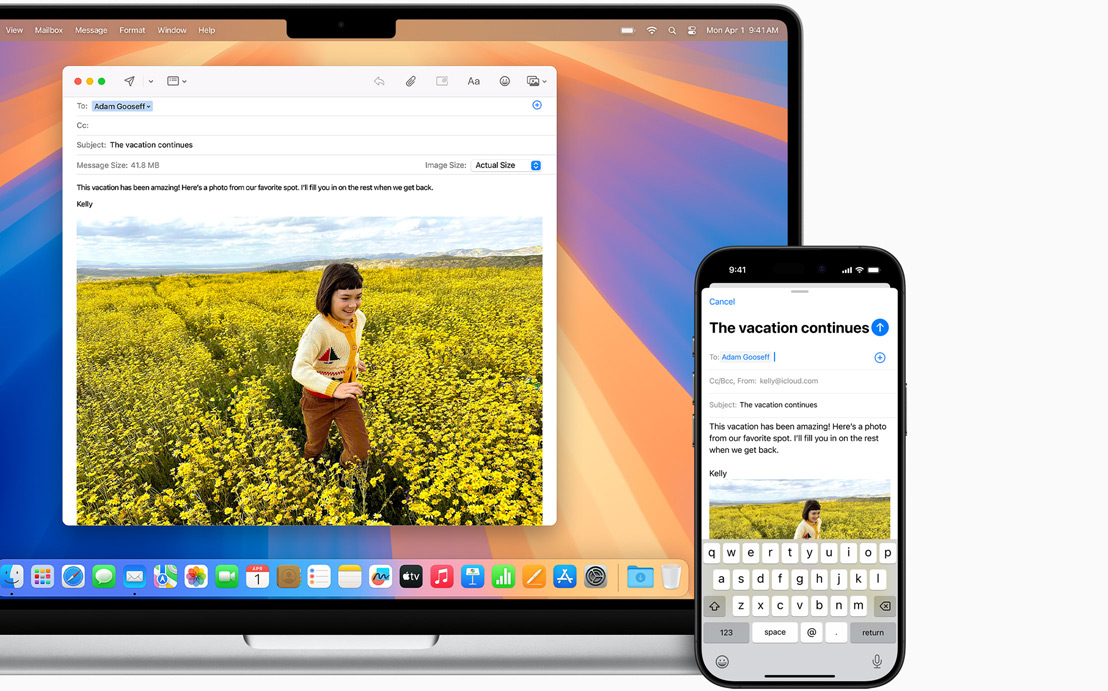 Een iPhone naast een geopende Mac-laptop, om te laten zien dat je op het ene device aan een mail kunt beginnen en die op een ander device kunt afmaken.