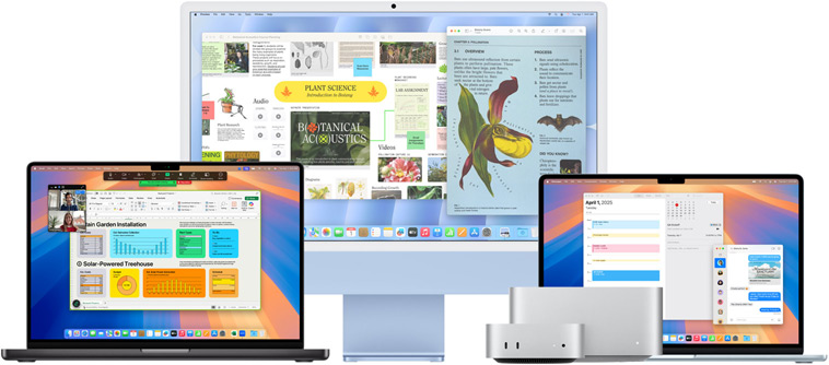 Mac Studio, Mac mini, MacBook Pro, MacBook Air og iMac plassert sammen med skjermene vist forfra