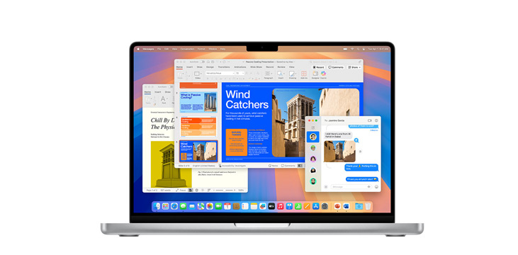 Demonstração de apps como Microsoft PowerPoint e Mensagens no MacBook Pro com processador M4.