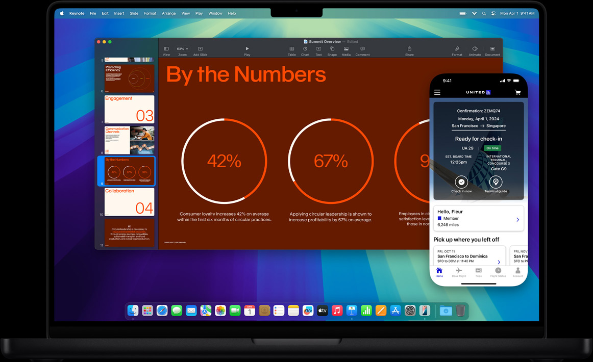 Die iPhone Synchronisierung wird mit einem iPhone Display auf einem MacBook Pro Display gezeigt − eine Person arbeitet an einer Präsentation in Keynote, während eine Aufforderung zum Check‑in für einen Flug auf dem iPhone Display erscheint