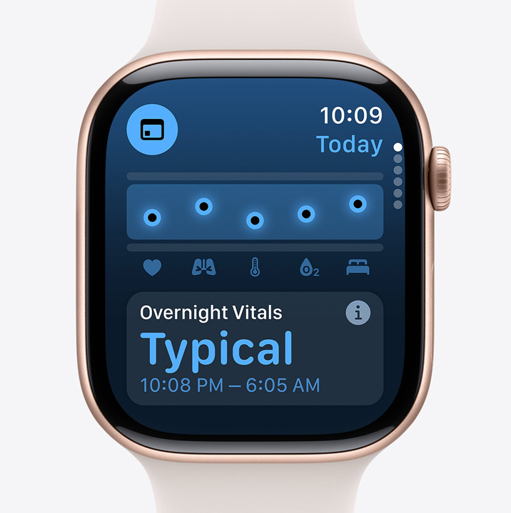 Een scherm van de Vitale Functies-app op Apple Watch Series 10 met nachtmetingen die binnen het normale bereik vallen.