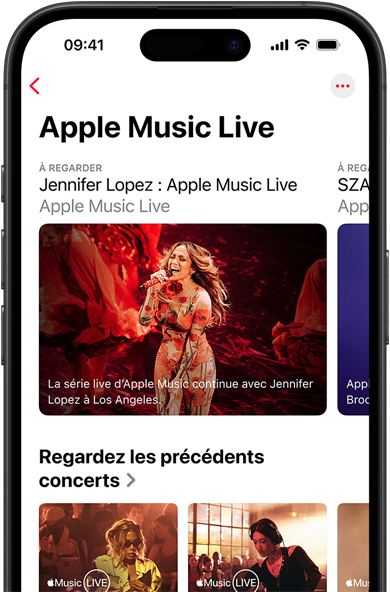 Écran Apple Music Live sur iPhone affichant Regarder, des performances passées et des contenus exclusifs comme Les 100 meilleurs albums Apple Music