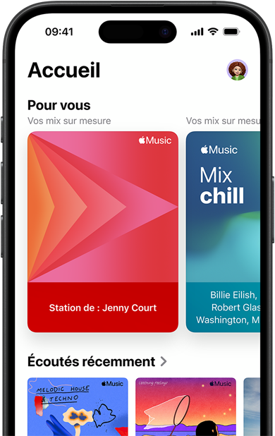 Onglet Accueil d’Apple Music sur iPhone, Catégorie Pour vous montrant les playlists et stations personnalisées de Jenny Court