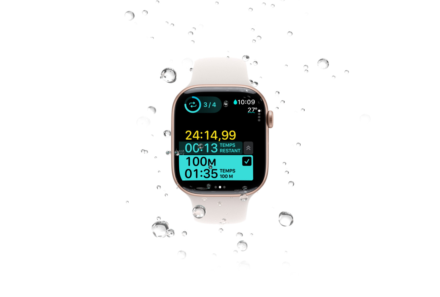 Une Apple Watch Series 10, entourée de bulles d’eau qui remontent, affiche les données d’une séance de natation, notamment la température de l’eau.