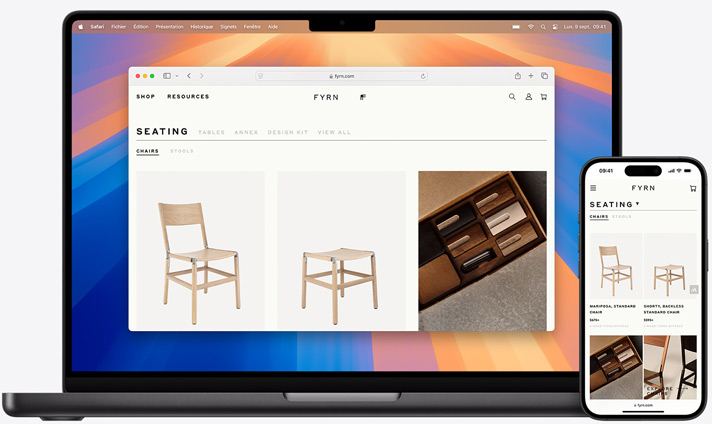 Écrans de MacBook et d’iPhone affichant la même page Safari ouverte sur les deux appareils