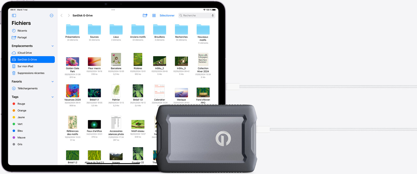 iPad Air connecté à un disque dur externe
