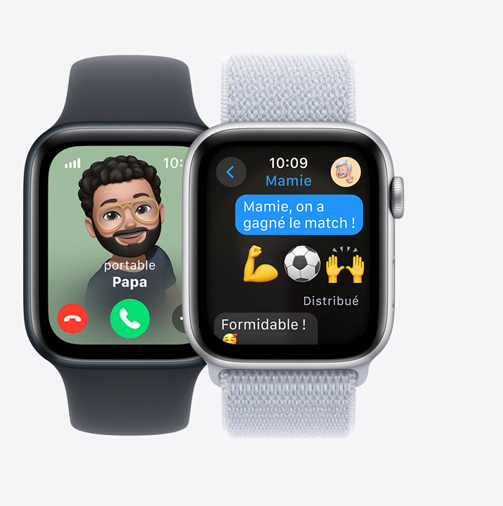 Deux écrans d’Apple Watch SE. Le premier affiche un appel entrant de Papa. Le deuxième affiche un message d’enfant disant « Mamie, on a gagné le match ! ».