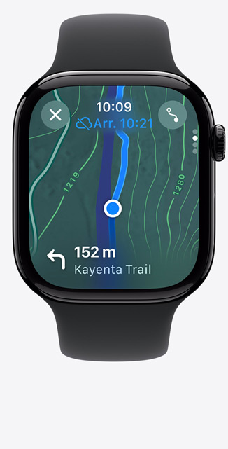 Vue de face d’un écran Plans sur une Apple Watch Series 10 affichant un itinéraire de randonnée.