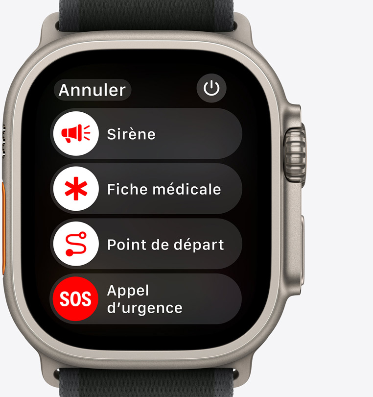 Vue de face d’une Apple Watch Ultra 2 affichant les boutons Sirène, Fiche médicale, Point de départ et Appel d’urgence.