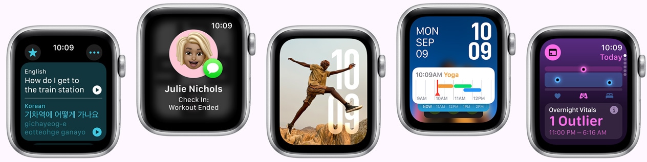 Πέντε Apple Watch που εμφανίζουν οθόνες με τα apps Μετάφραση και Δήλωση Άφιξης, τις προσόψεις Photos και Modular και το app Ζωτικές Ενδείξεις.