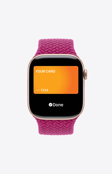 Η Apple Card που χρησιμοποιείται μέσω Apple Pay στο Apple Watch Series 10.