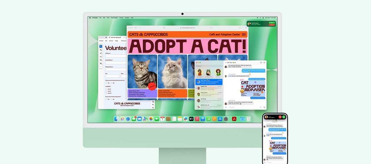Πράσινος iMac και iPhone δίπλα-δίπλα. Οθόνη iMac εμφανίζει ειδοποίηση εισερχόμενης κλήσης iPhone. Και οι δύο συσκευές εμφανίζουν την εφαρμογή Μηνύματα με πανομοιότυπες συνομιλίες κειμένου