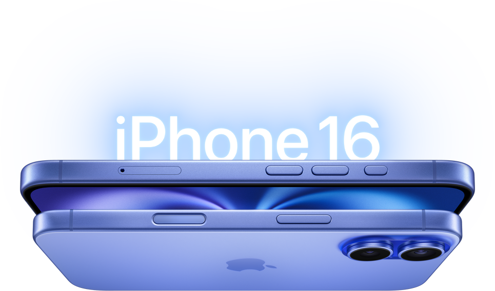 Δύο μοντέλα iPhone 16 σε Βαθύ Μπλε Μαρέν, εξωτερική πλαϊνή πλευρά, πλαϊνό κουμπί, υπερυψωμένο διπλό σύστημα κάμερας.