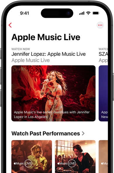 Apple Music Live screen on iPhone showing Watch Now, past performances, and exclusive content like Apple Music 100 Best Albums