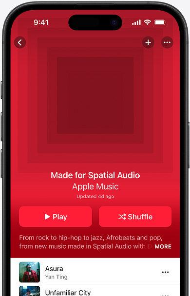 iPhone screen with Made for Spatial Audio playlist cover art in the Apple Music app