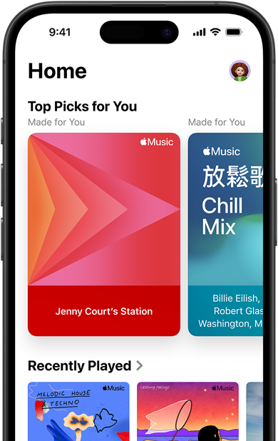 Apple Music Home tab screen on iPhone, Top Picks for You carousel showing Jenny Court's personalized stations and playlists