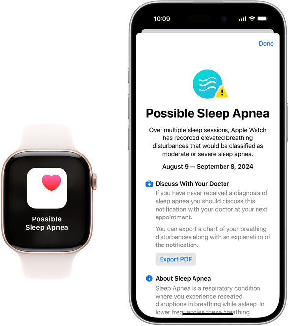 Apple Watch and iPhone devices displaying Possible Sleep Apnea notifications in the Health app.