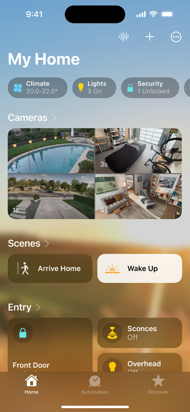 iPhone displaying my home, cameras, scenes, and entry