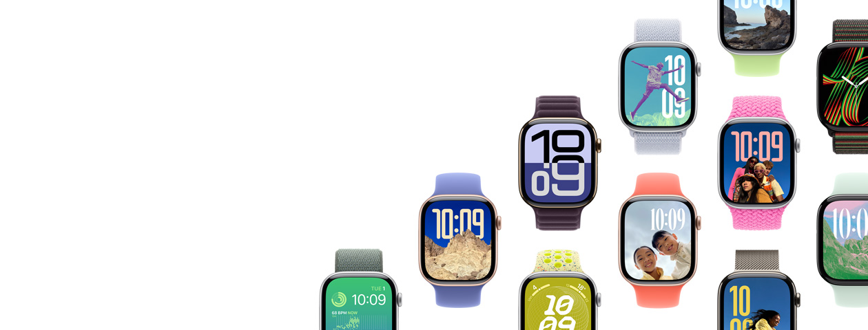 Multiple different case, band, and watch face combinations to show the possibilities.