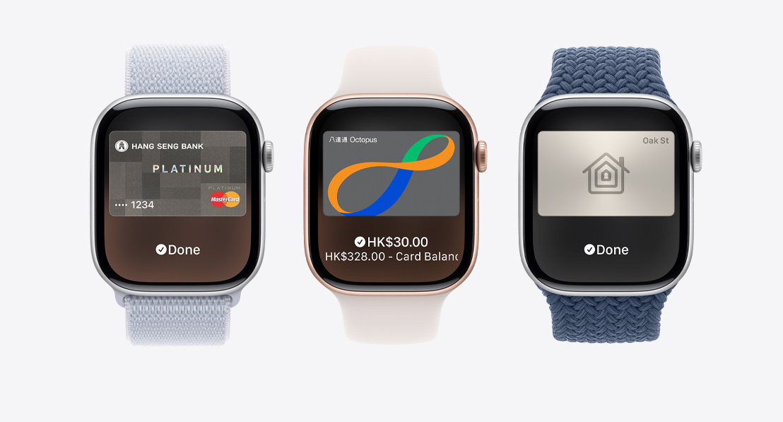 Three Apple Watch Series 10. The first shows Apple Card being used with Apple Pay. The second shows a transit card being used with the Wallet App. The third shows a home key being used through the Wallet app.