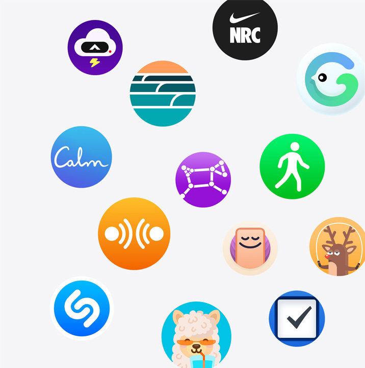 The icons of Apple Watch apps from the App Store. ChargePoint, Yelp, Nike Run Club, SmartGym, Calm, NBA, SwingVision, Oceanic+, WeChat, Waterllama, Golfshot, JetBlue, and AllTrails