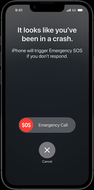 車禍偵測畫面上寫着「It looks like you've been in a crash. iPhone will trigger Emergency SOS if you don't respond.」