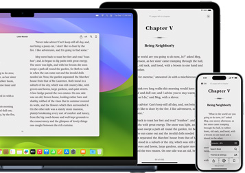 MacBook Pro dan iPad Air menampilkan halaman dari eBook yang sama di aplikasi Books. Layar Apple Watch dan iPhone 15 menampilkan sampul buku dari buku audio yang sama. Casing AirPod Pro terbuka untuk memperlihatkan kedua earbud AirPod Pro.