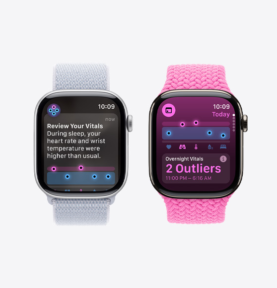 Pemberitahuan tinjau tanda Vital Anda pada Apple Watch Series 10 dan aplikasi Vital yang memperlihatkan tanda vital semalaman dengan dua angka di luar standar pada Apple Watch Series 10.