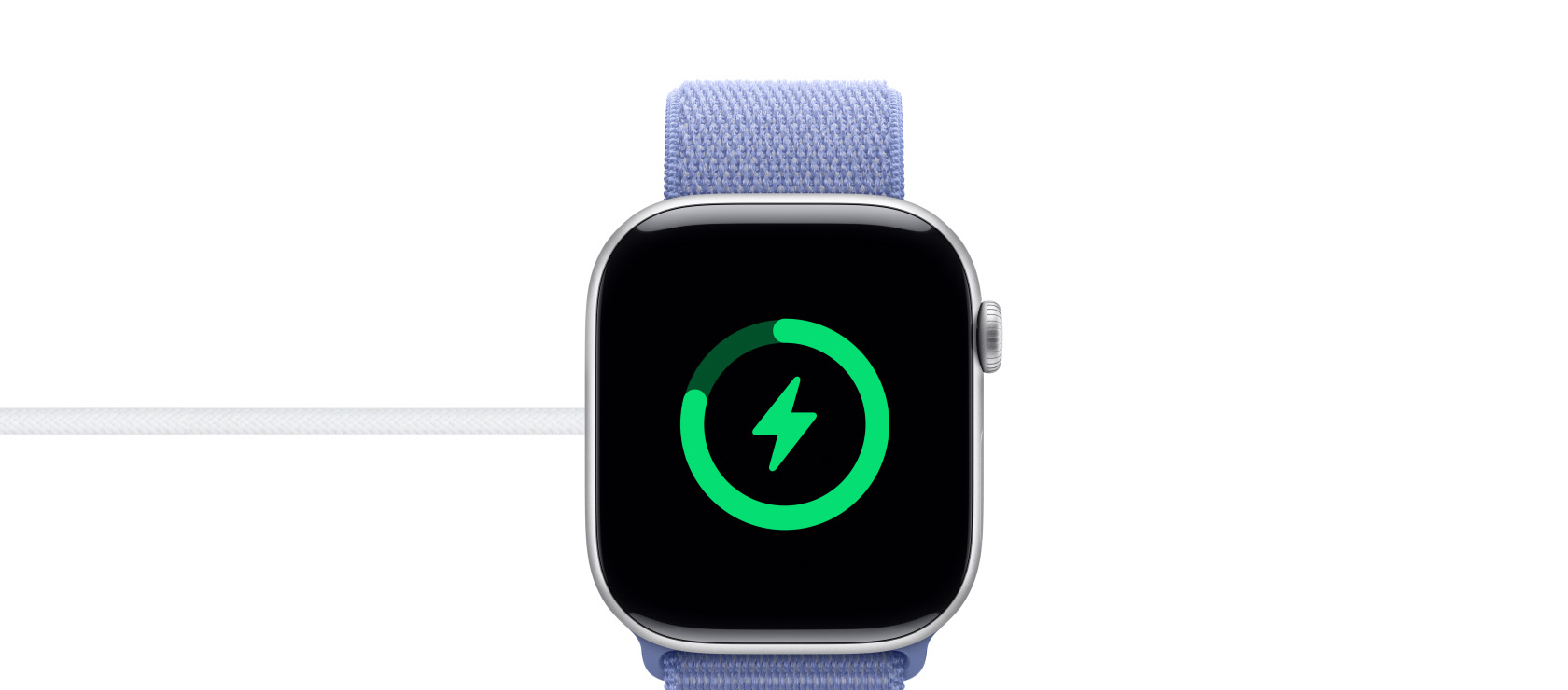 Status pengisian daya Apple Watch Series 10 pada pengisi daya magnetis.