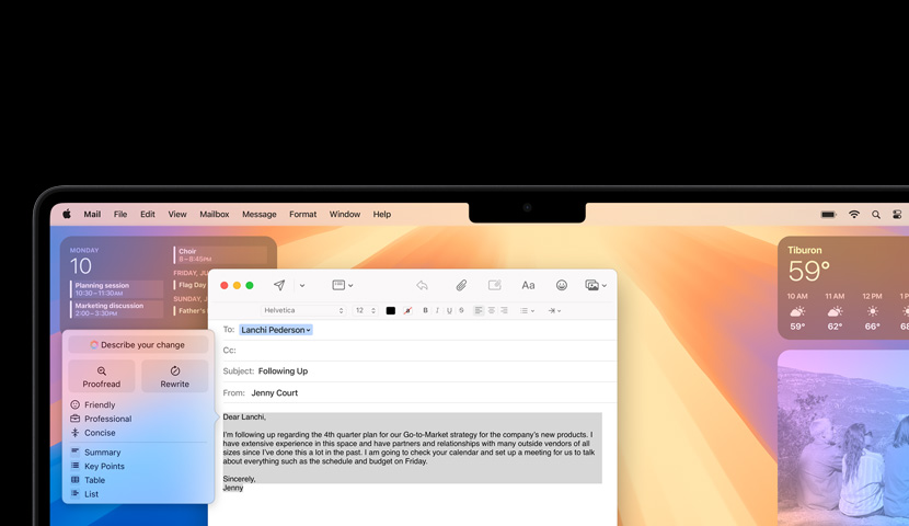 Desktop Mac dengan email bisnis yang memperlihatkan menu Apple Intelligence. Di belakang jendela email terdapat widget Kalender.