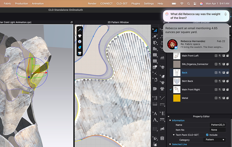 Pengguna mengerjakan rancangan pakaian di aplikasi desain mode CLO 3D — Siri menampilkan jawaban dari ChatGPT atas pertanyaan mereka tentang jenis rami yang berkelanjutan