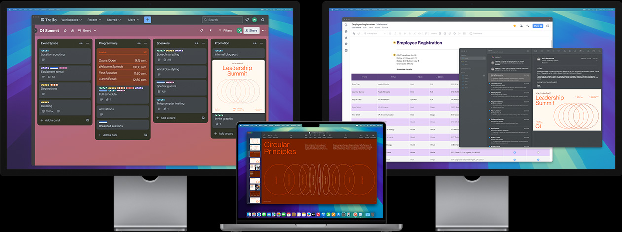 MacBook Pro dengan dua Studio Display — di layar, pengguna mempersiapkan KTT kepemimpinan, memantau penyelesaian tugas di aplikasi Trello, mempersiapkan presentasi, dan meninjau file desain melalui email