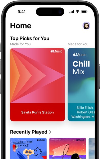 Apple Music Home tab screen on iPhone, Top Picks for You carousel showing Jenny Court’s personalised stations and playlists