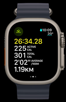 Apple Watch Ultra 2 demonstrating an open water swim with the time, calories and pace.