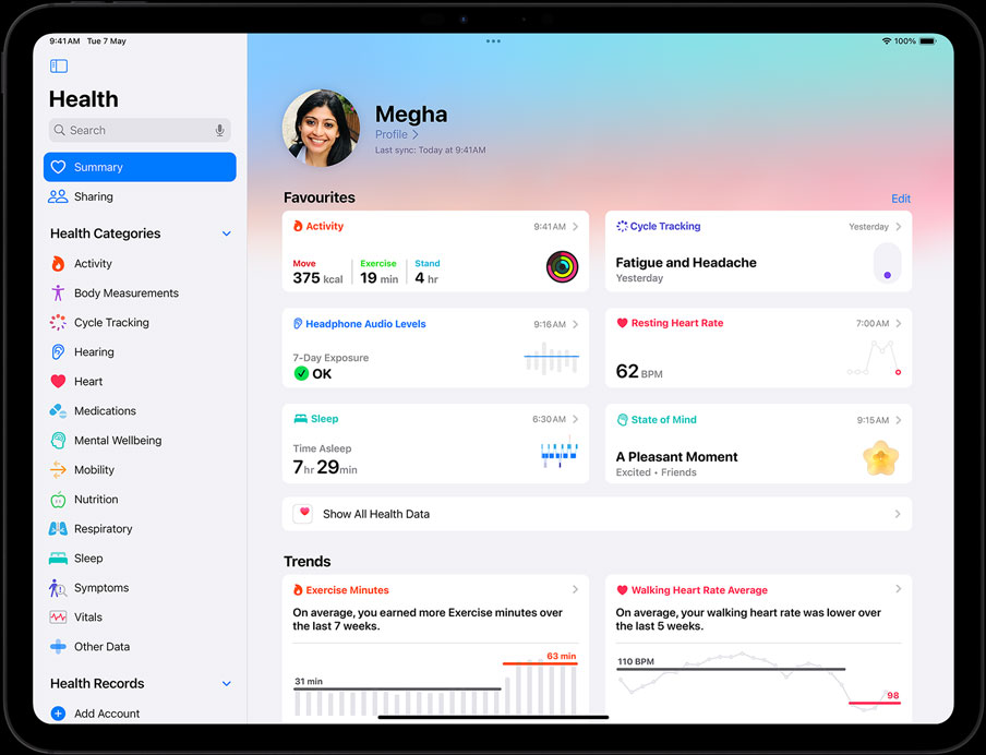 iPad Pro in landscape orientation, screen displaying userʼs Health app summary