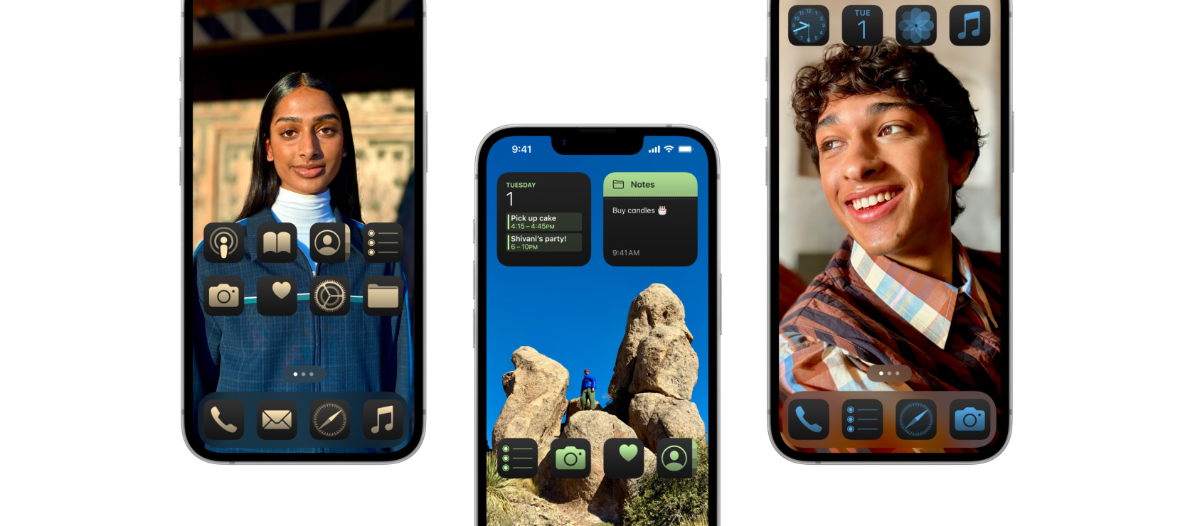 Three partial views of iPhone 16e, each with a different customized Home Screen.